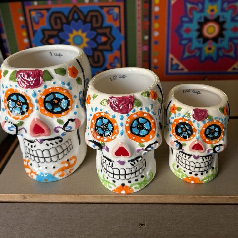 Cocinaware 2017 LTD EDITION Day of the Dead 3-pc Sugar Skull Set- Measuring Cups - Picture 2 of 9
